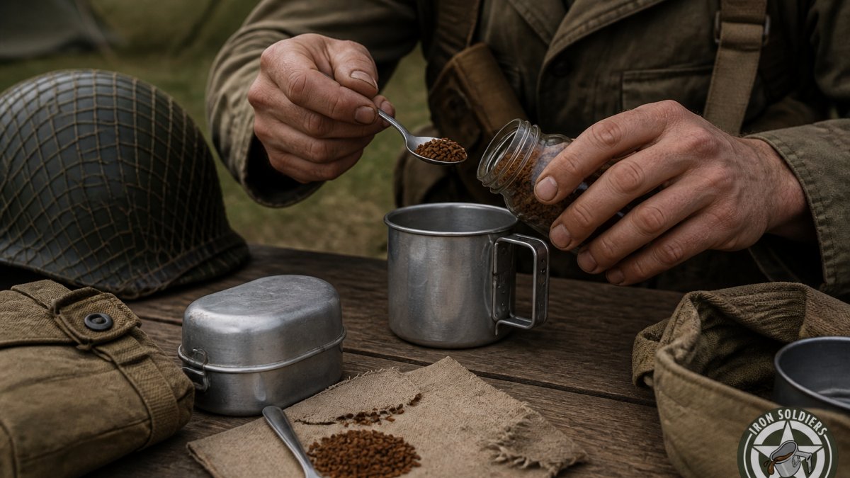 Close-up of a soldier's hands measuring instant coffee into a canteen cup with a small spoon, outdoors in a field setting, vintage WWII style