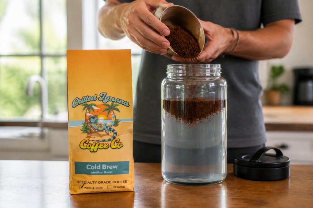Close-up of hands pouring coarse ground coffee into a glass jar with cold water, showing the brewing setup in natural morning light