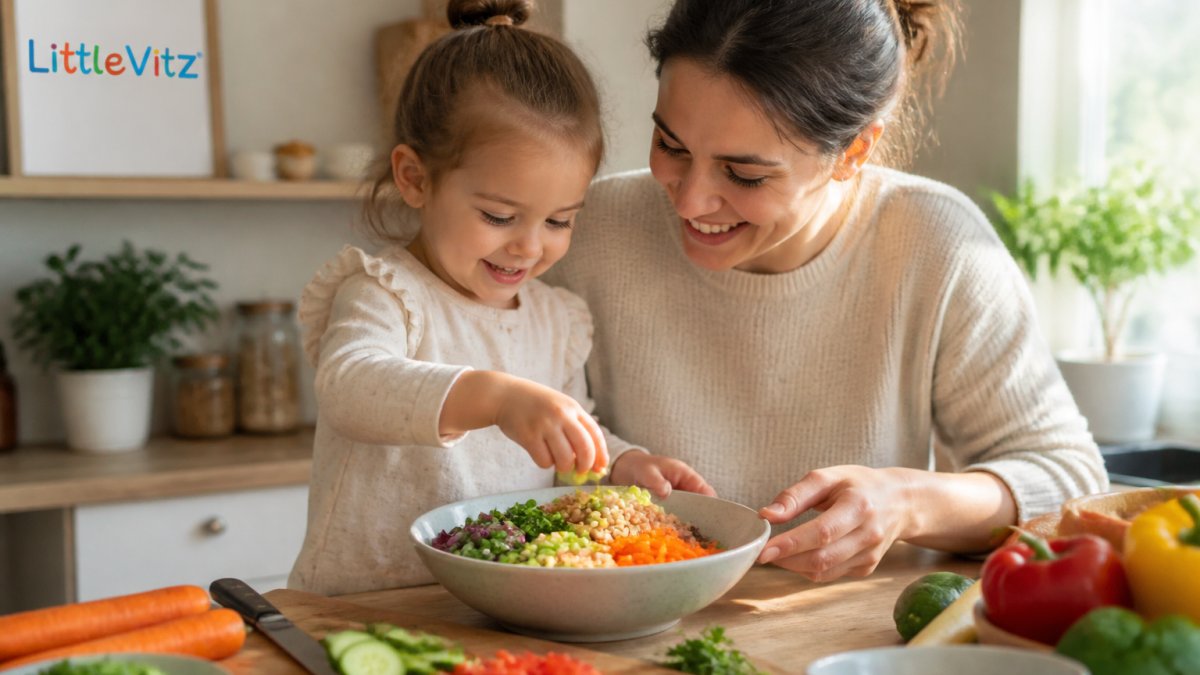 A parent and young child in a bright kitchen, child helping to sprinkle chopped vegetables into a colourful bowl, warm natural light, relaxed and happy atmosphere