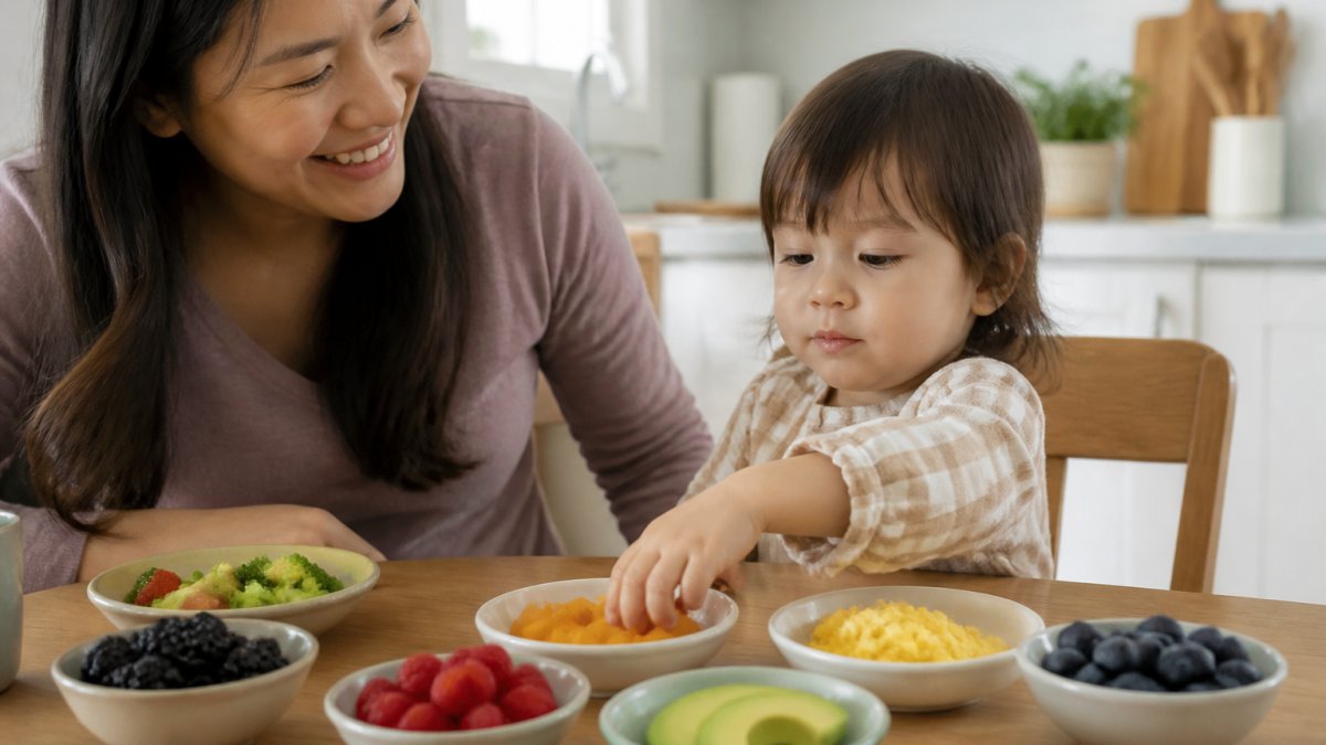 A parent and toddler at a bright kitchen table, small bowls of colorful whole foods like berries, scrambled eggs, and avocado slices in front of them, toddler reaching for a piece of food