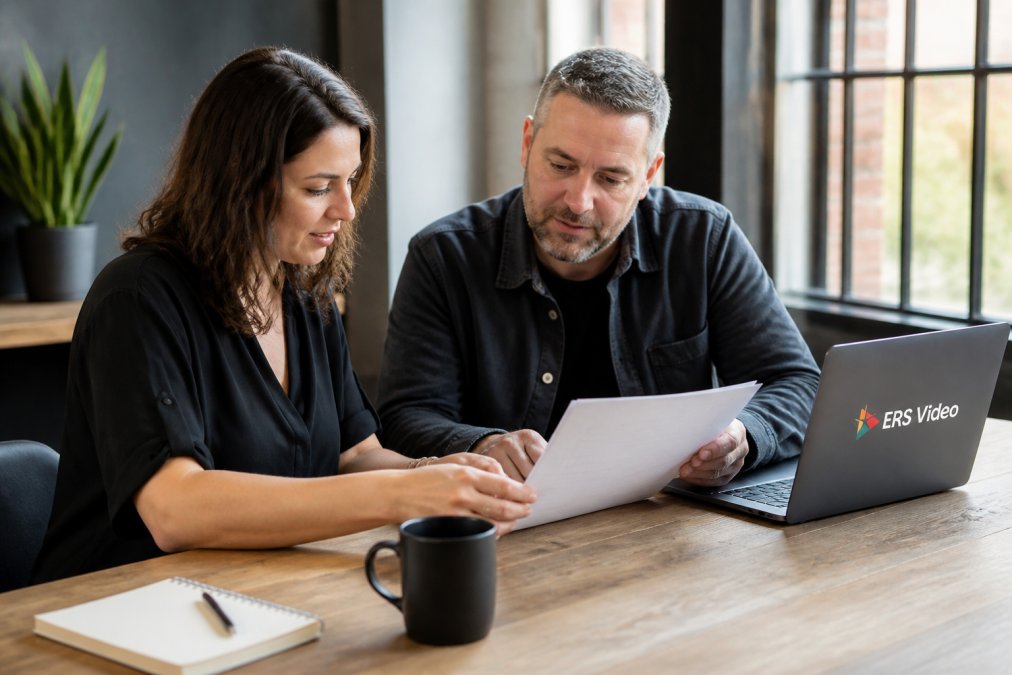 A marketing manager and a video producer sitting at a table in a bright studio office, reviewing a printed brief document together with a laptop open beside them