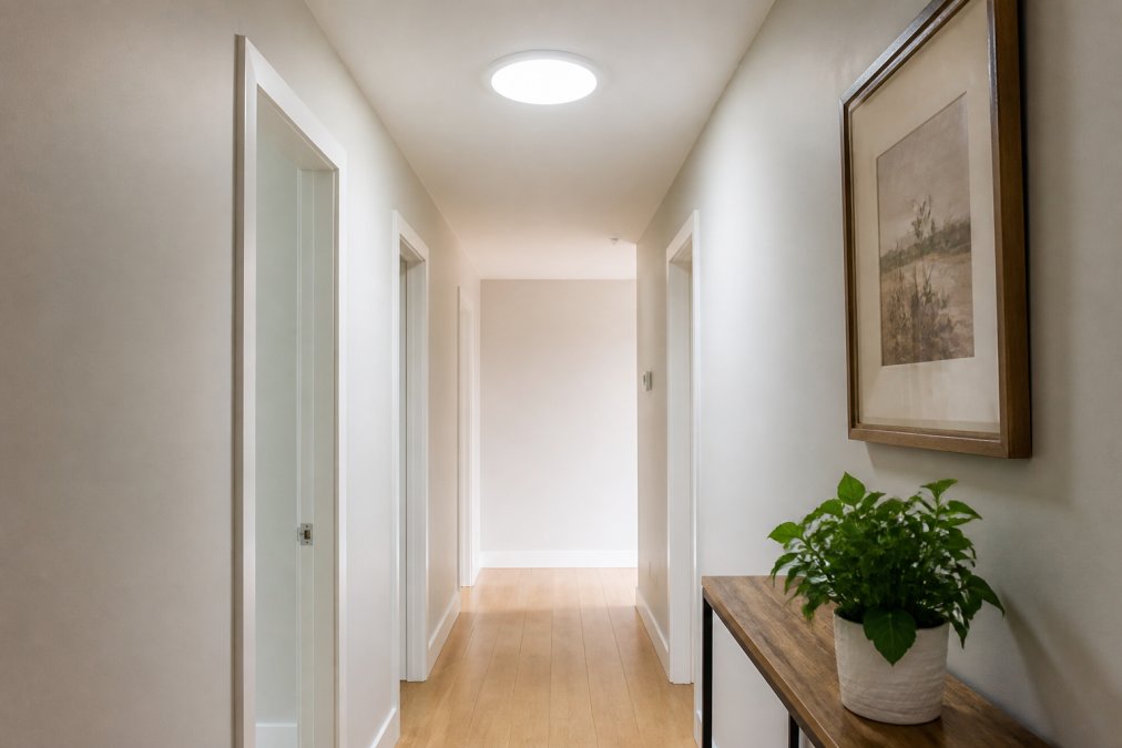 A bright modern hallway with a tubular skylight ceiling diffuser casting natural daylight onto light-colored walls and hardwood floors, small potted plant on a console table