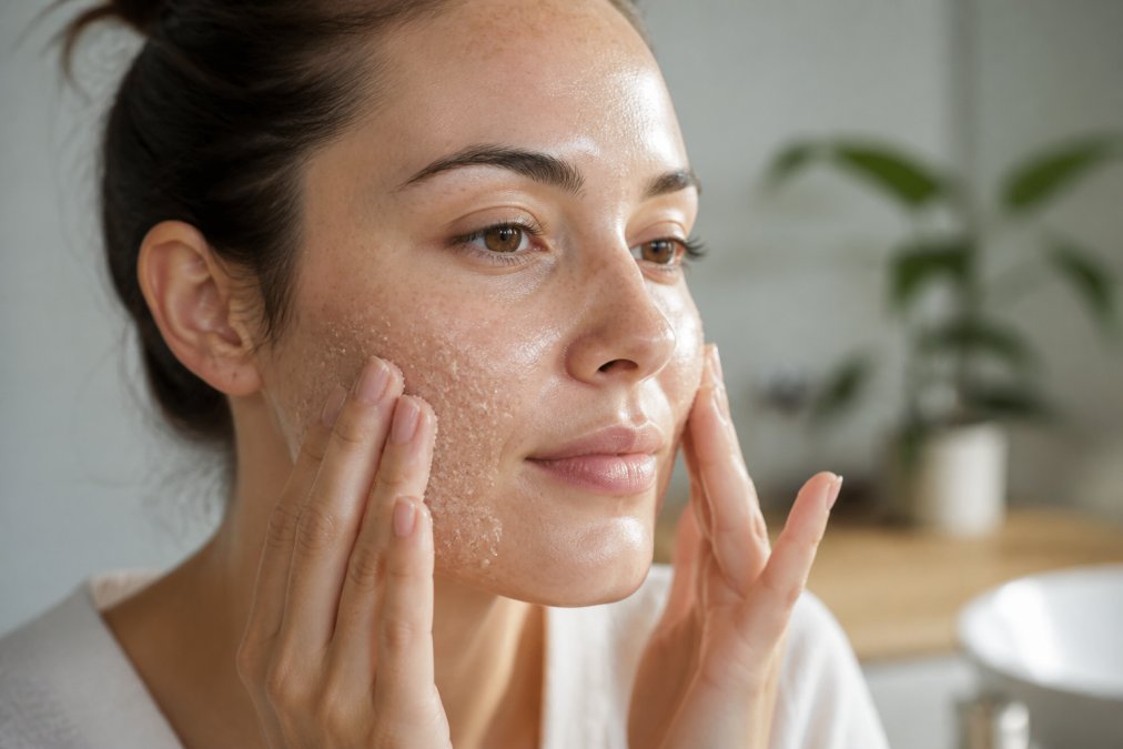 Woman's face during skincare routine, gently applying exfoliating gel with fingertips, showing skin texture under soft natural lighting