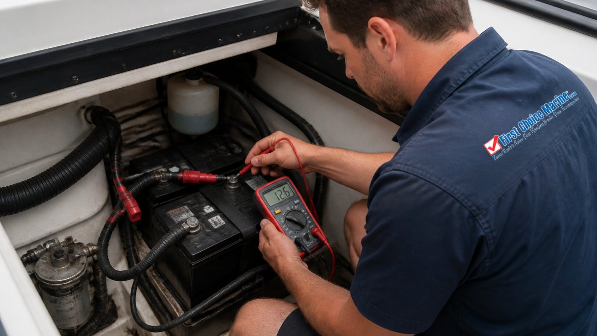 Technician using a digital multimeter to test marine battery terminals inside a boat engine compartment