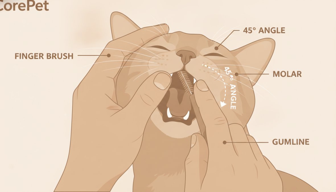 Close-up of hands gently holding a cat's mouth open with a finger brush positioned at the cheek-facing surface of the cat's molars, showing proper brushing angle and technique