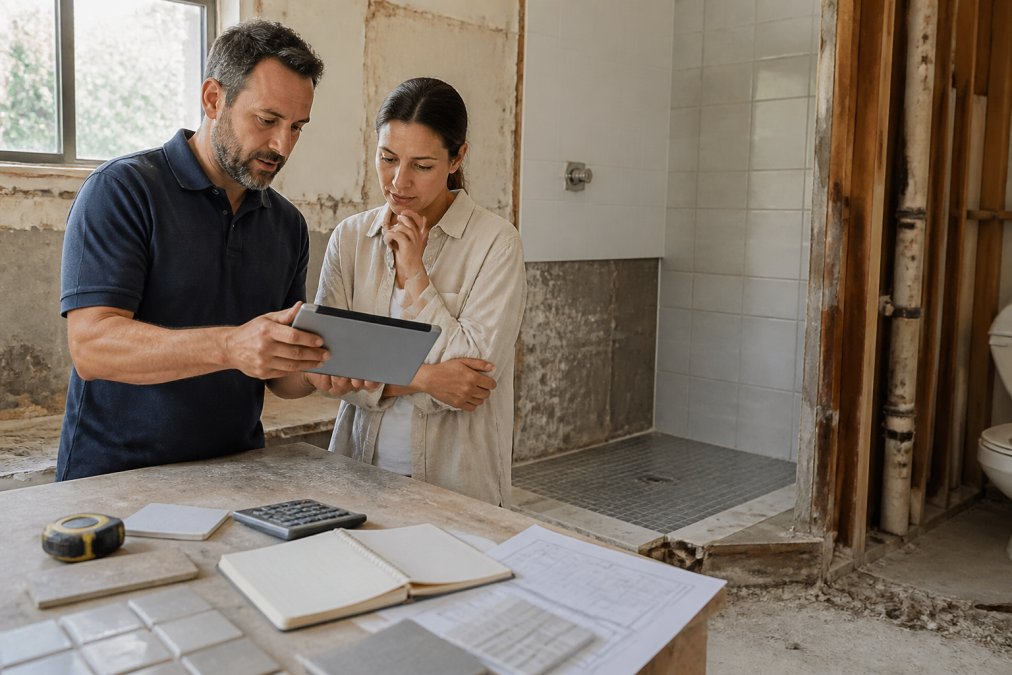 A homeowner and a contractor reviewing a detailed renovation budget spreadsheet on a tablet in a half-demolished bathroom, with tile samples and a measuring tape on a nearby table