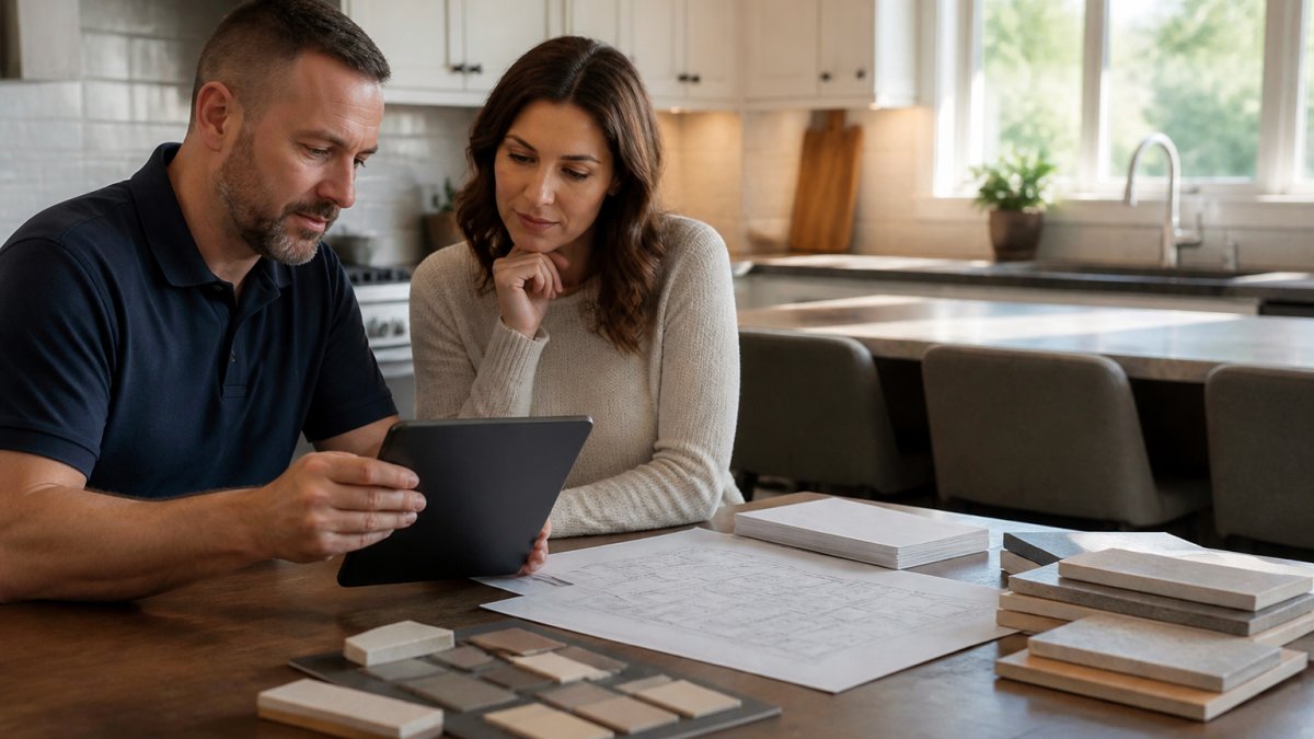 A contractor and homeowner reviewing a detailed renovation budget spreadsheet on a tablet at a kitchen table, with material samples and blueprints nearby, warm afternoon light through a window