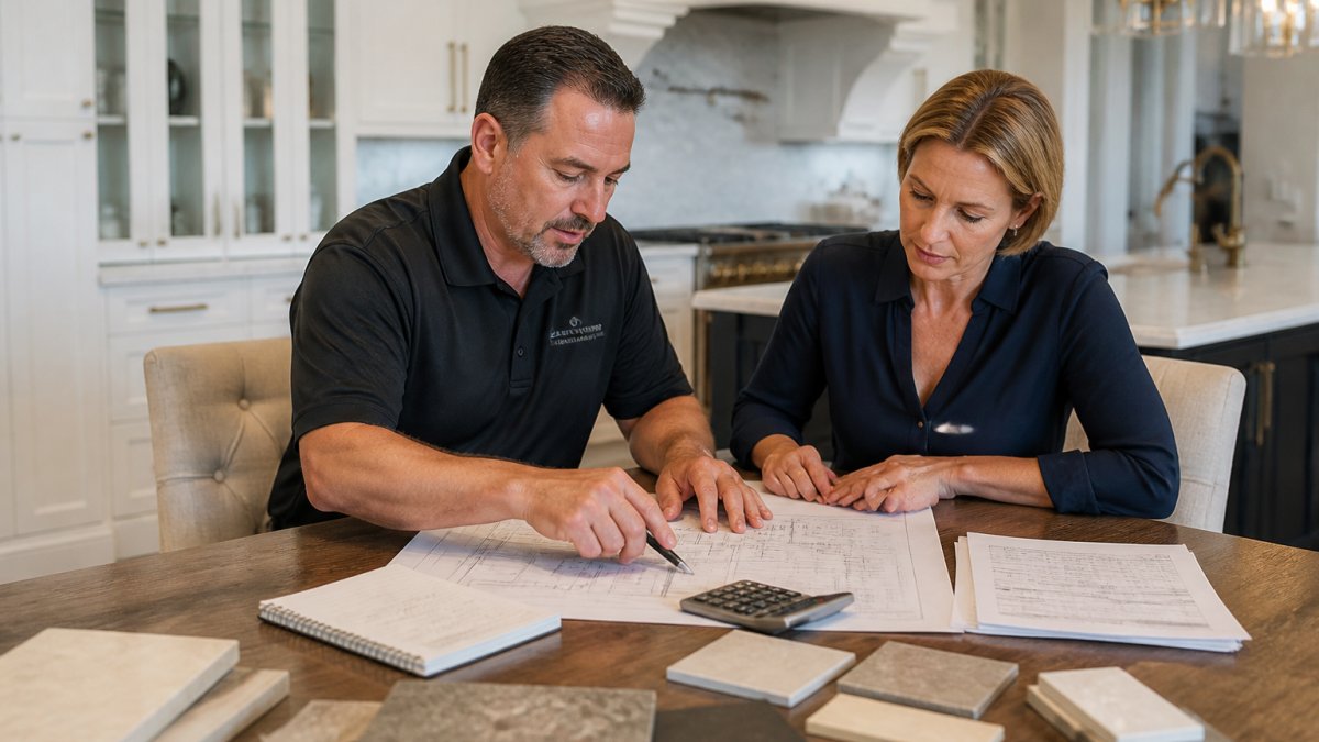 A contractor and homeowner reviewing blueprints and a budget spreadsheet at a kitchen table with material samples