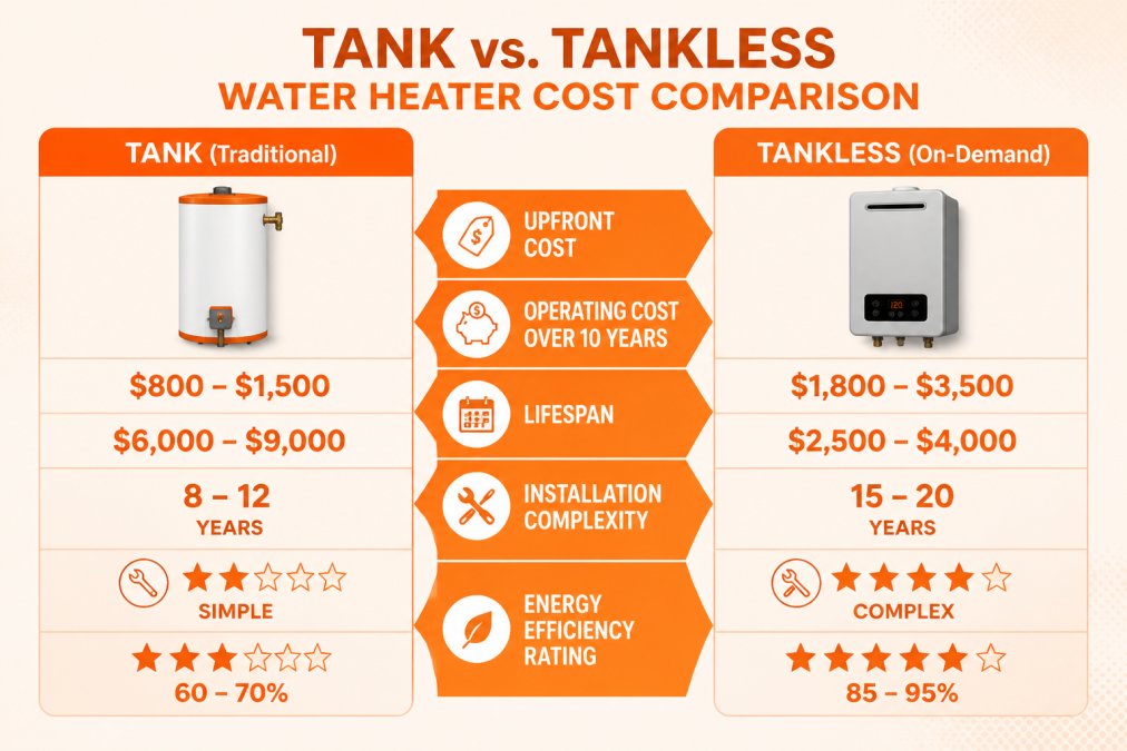 Comparison matrix showing upfront cost, operating cost over 10 years, lifespan, installation complexity, and energy efficiency ratings for traditional tank versus tankless water heaters with specific numerical values and percentages