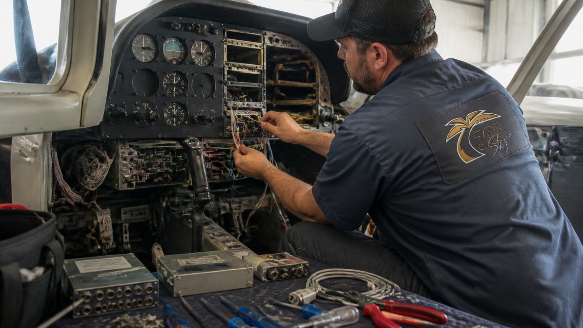FAA-certificated A&P mechanic working on aircraft avionics panel installation, hands visible working with wiring and instruments in an aircraft cockpit during daylight in a maintenance hangar
