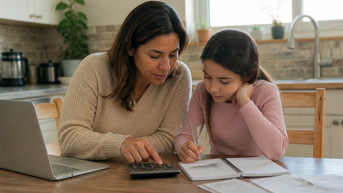 A parent and child sitting at a kitchen table with a notebook, calculator, and laptop, reviewing a household budget together in warm natural light