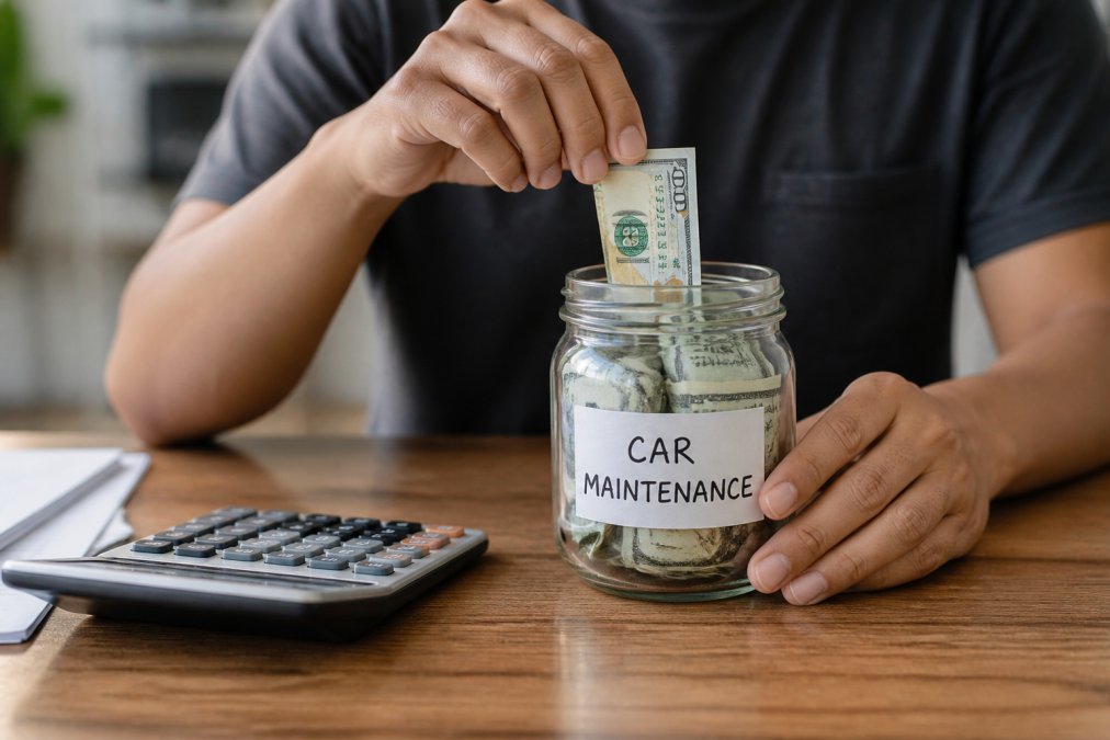 Person placing cash into a clear glass jar labeled with a car maintenance goal written on a label, showing financial planning and savings in action