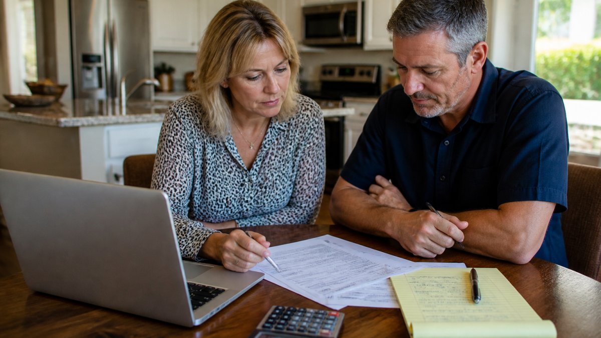 A couple reviewing a loan estimate and calculating home closing costs at a kitchen table