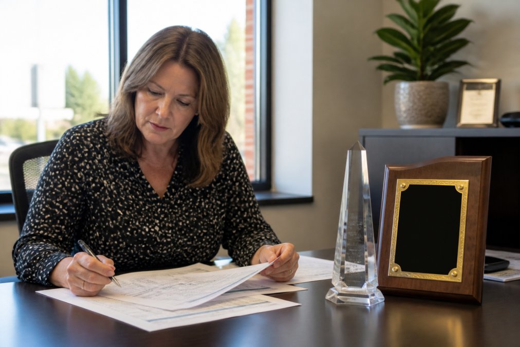 HR manager reviewing a budget spreadsheet next to crystal anniversary awards in a modern office