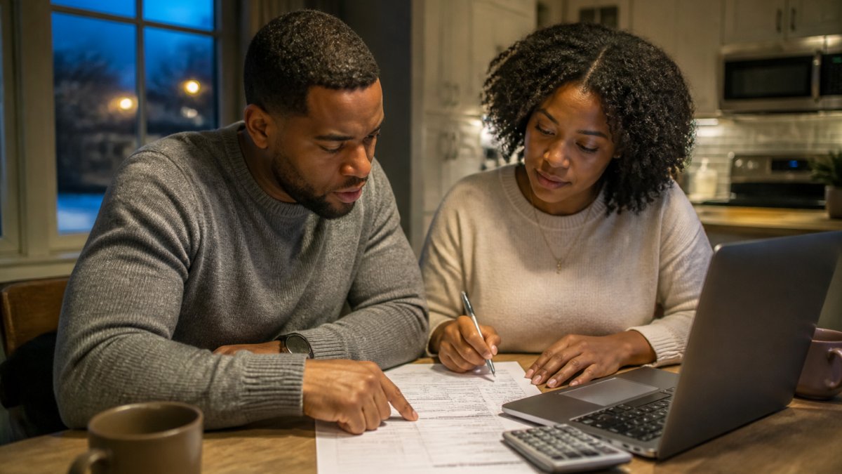 A couple sitting at a kitchen table with a printed checklist, calculator, and laptop, reviewing rental line items together in warm evening light
