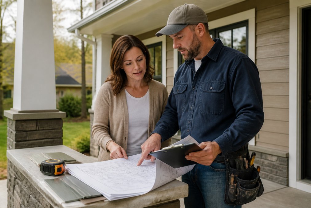 A homeowner and a contractor in work clothes reviewing blueprints and a clipboard on the front porch of a house, with siding samples and a measuring tape nearby