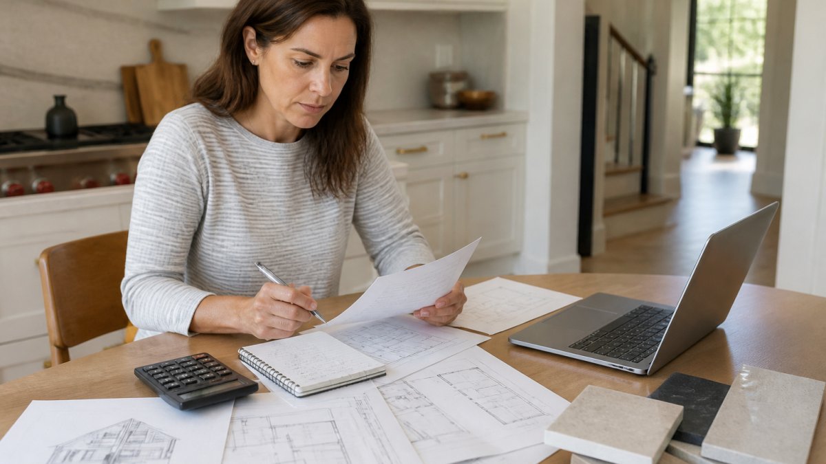 Homeowner sitting at kitchen table with laptop, notepad, and calculator, reviewing renovation plans and budget documents with architectural sketches spread out