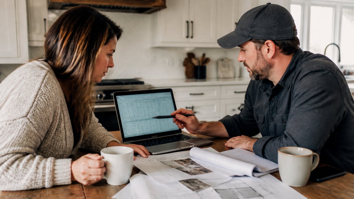 Homeowner and contractor using a budget template to track costs for luxury home renovations at a kitchen table.