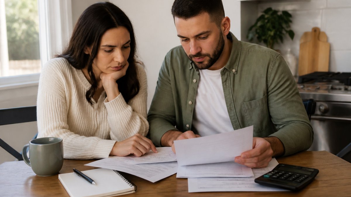 A couple sitting at a kitchen table with a laptop, bank statements, and a notepad, reviewing a homebuying budget together in warm natural light