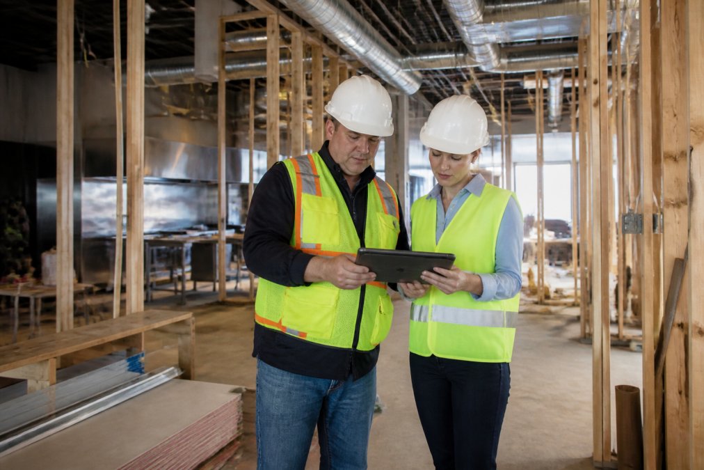 Construction manager and architect reviewing blueprints for a multi-unit franchise restaurant site