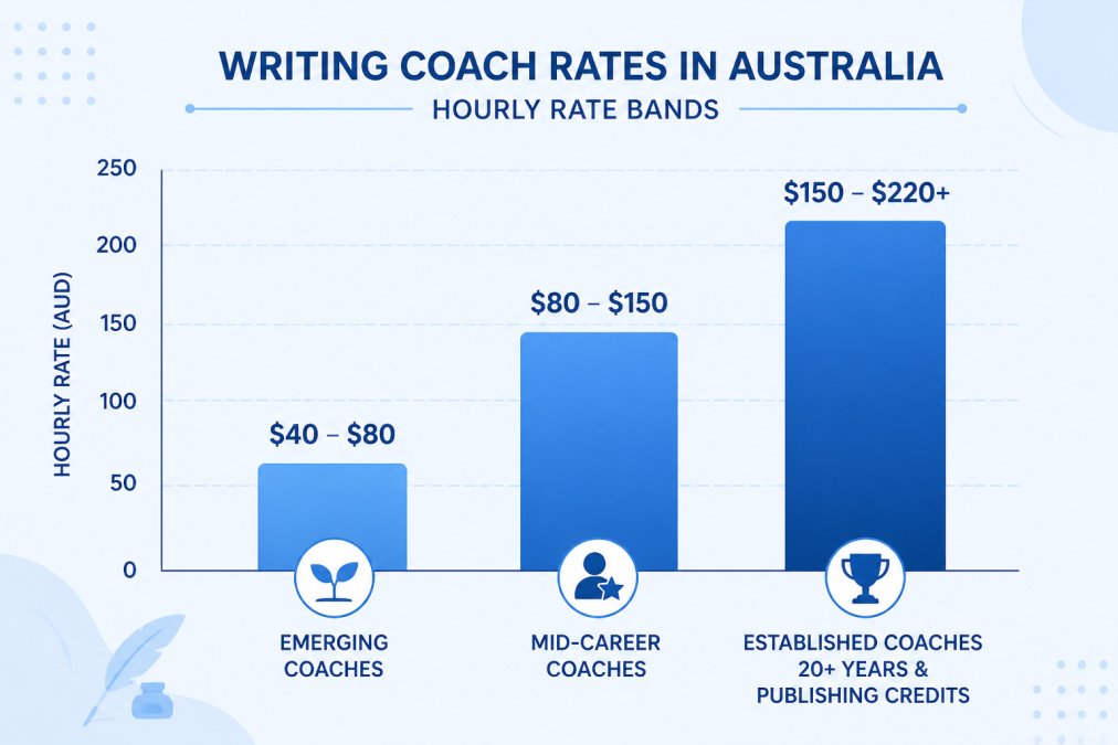 Bar chart comparing typical hourly rate bands for writing coaches across experience levels: emerging coaches, mid-career coaches, and established coaches with 20+ years and publishing credits