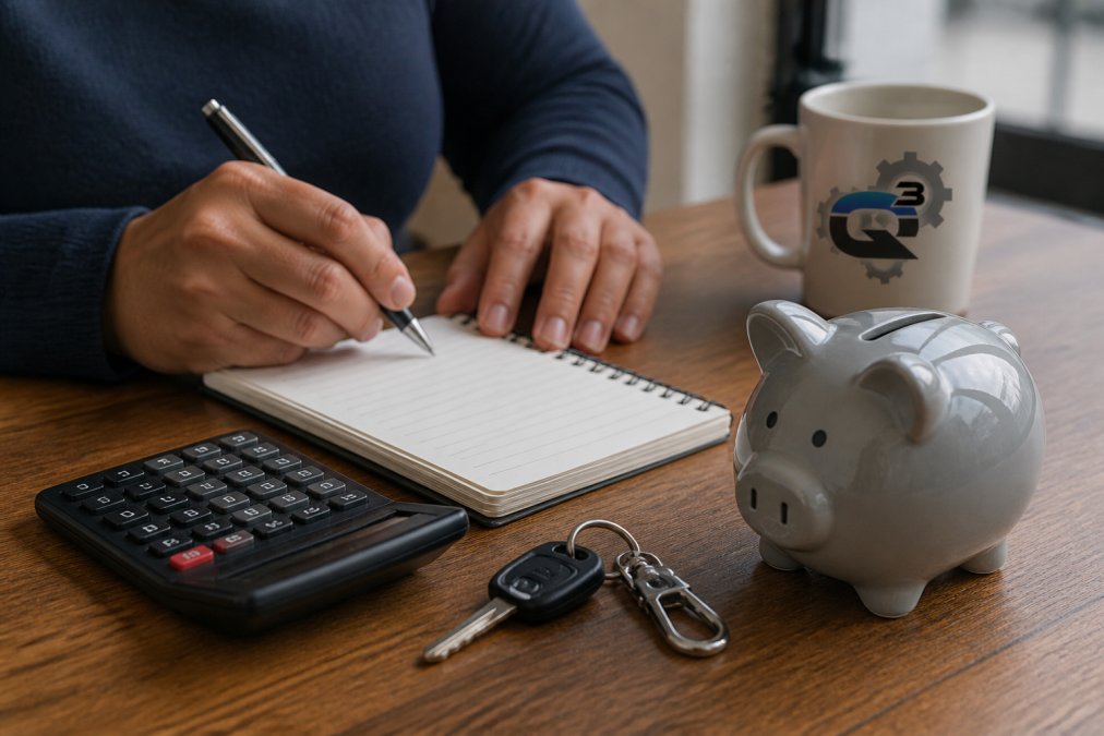 Person using a calculator and planner to budget for unexpected car repairs with keys and a piggy bank nearby