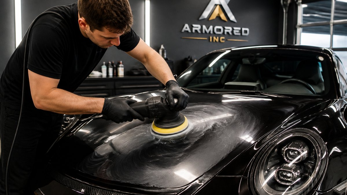 Detailer using a dual action polisher on a luxury car to influence paint correction cost