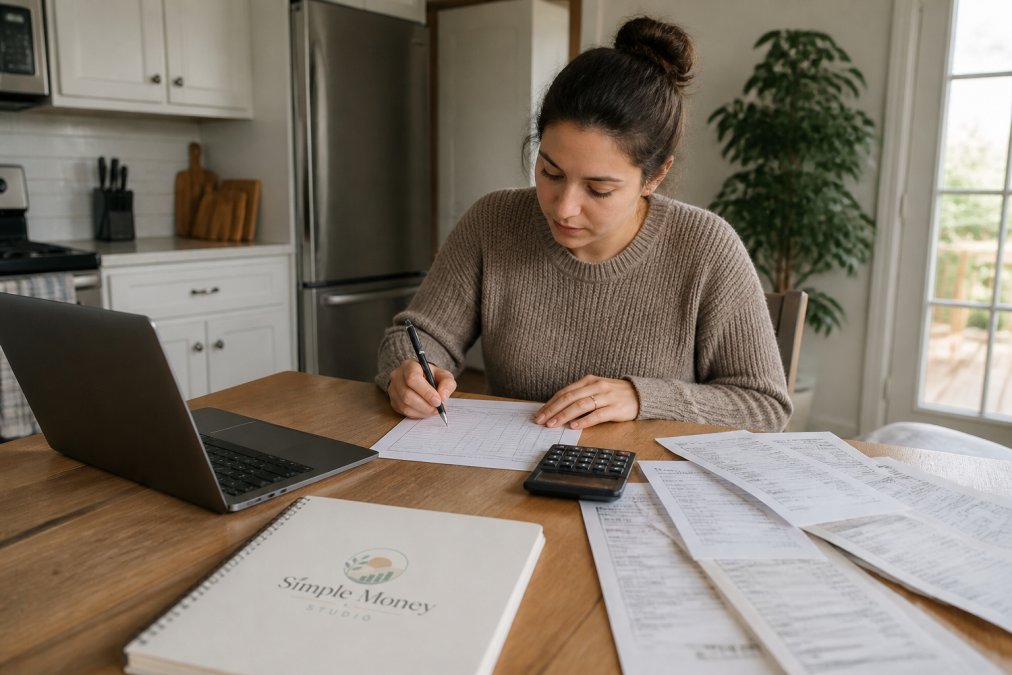 A young adult sitting at a kitchen table with a laptop, calculator, and a printed budget worksheet, writing down income numbers from several months of pay stubs spread out beside them