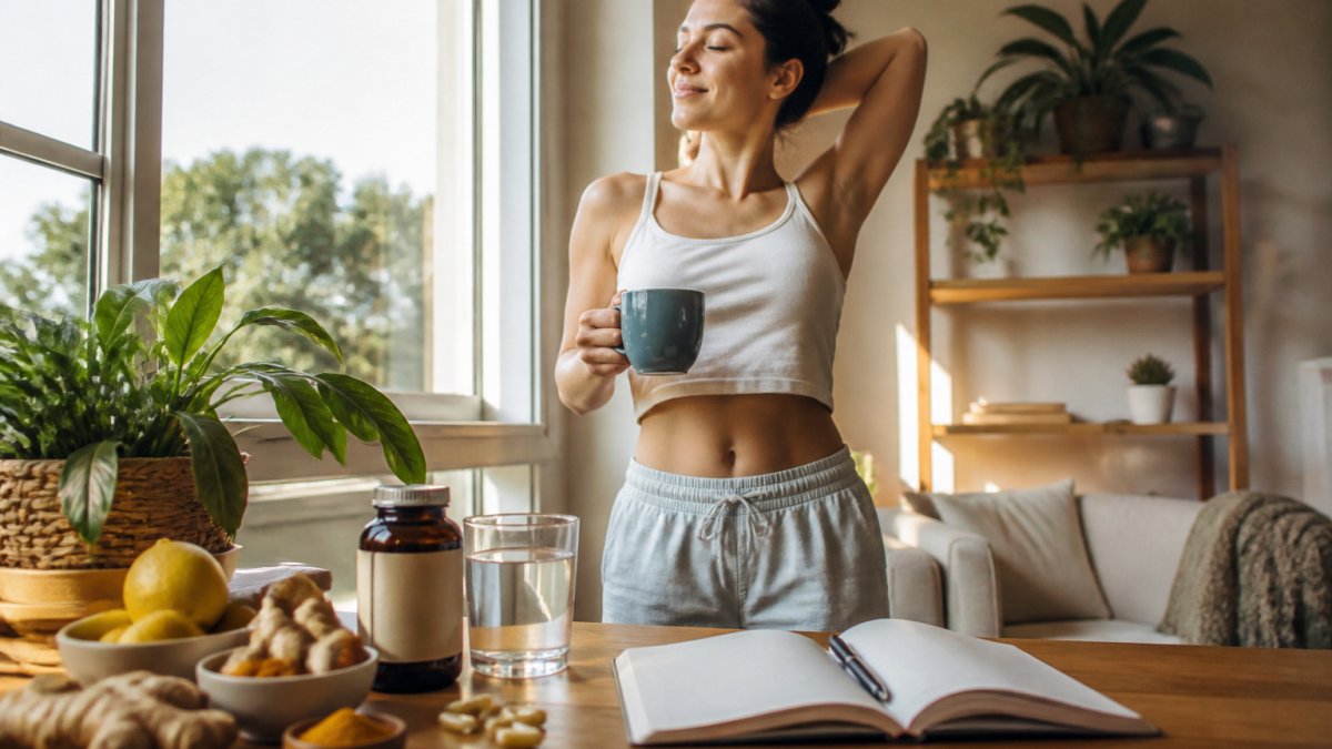 Person at home in morning light, holding a warm beverage and stretching near a window, with a wellness journal and natural ingredients visible on a nearby table