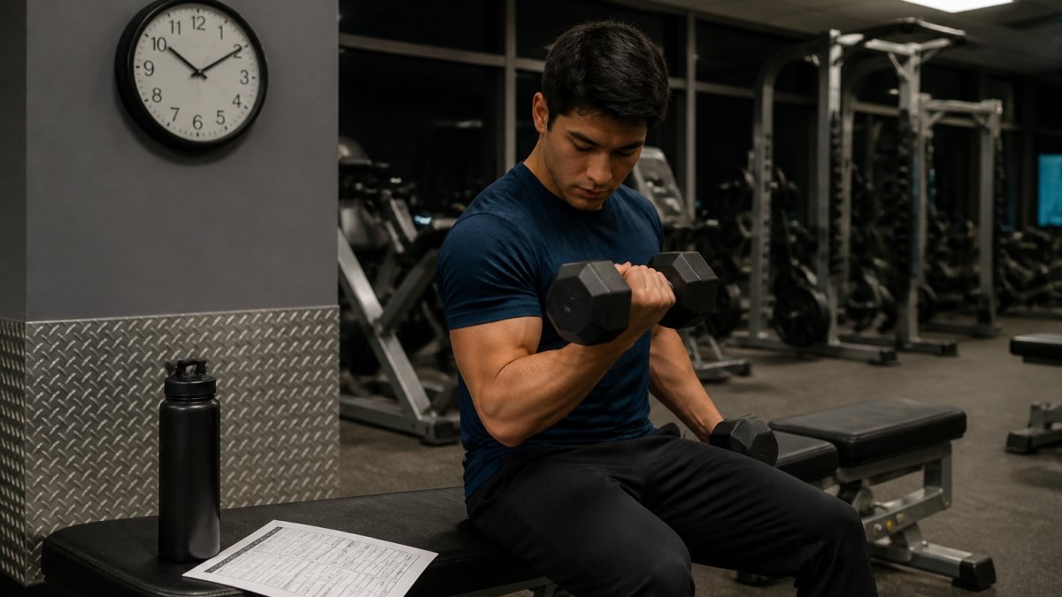 Night shift worker training with dumbbells in a gym with a printed night shift schedule on a nearby bench