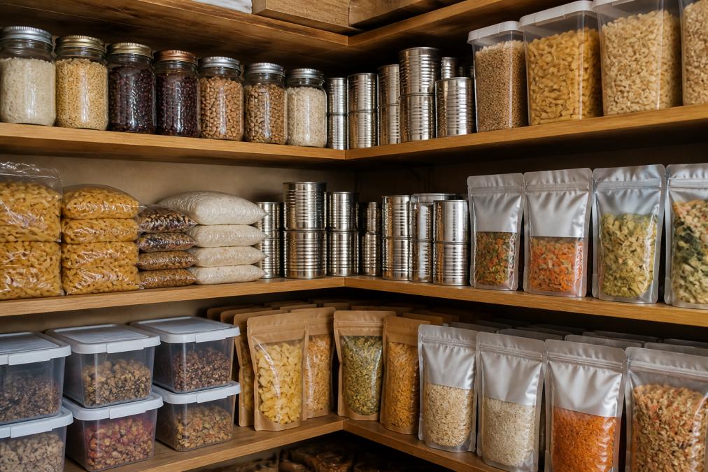 Organized pantry shelves displaying various shelf-stable foods including canned goods, dried pasta, rice, dehydrated meals, and freeze-dried products neatly arranged by category