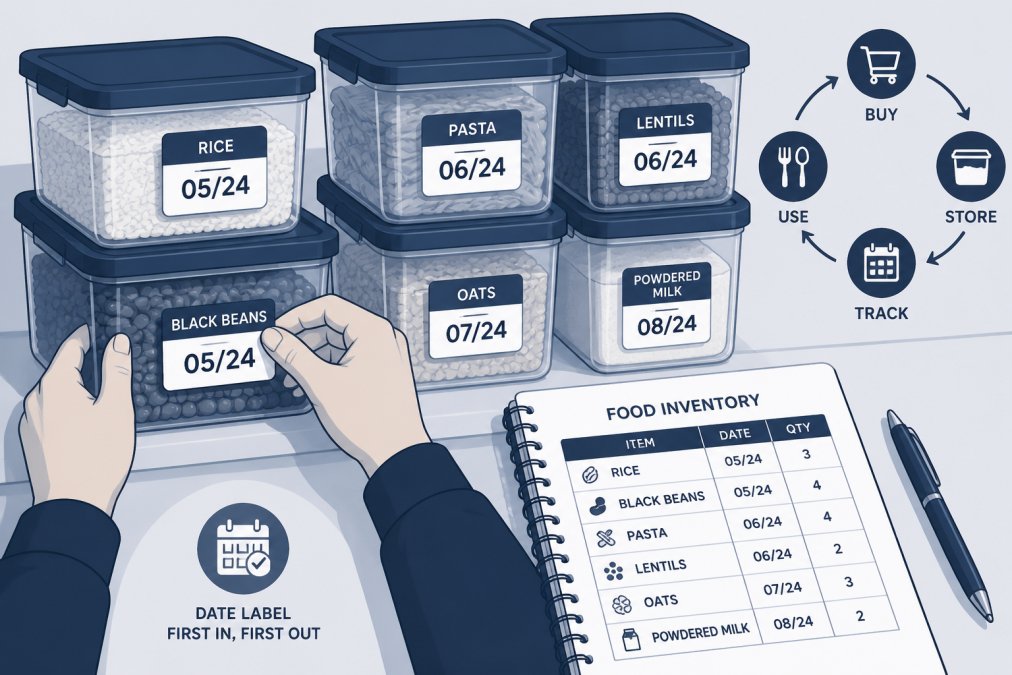 Hands labeling storage containers with dates and product names, with a notebook and pen nearby showing food inventory tracking