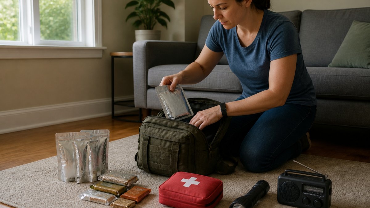 Person packing water, food, first aid, and a radio into a backpack