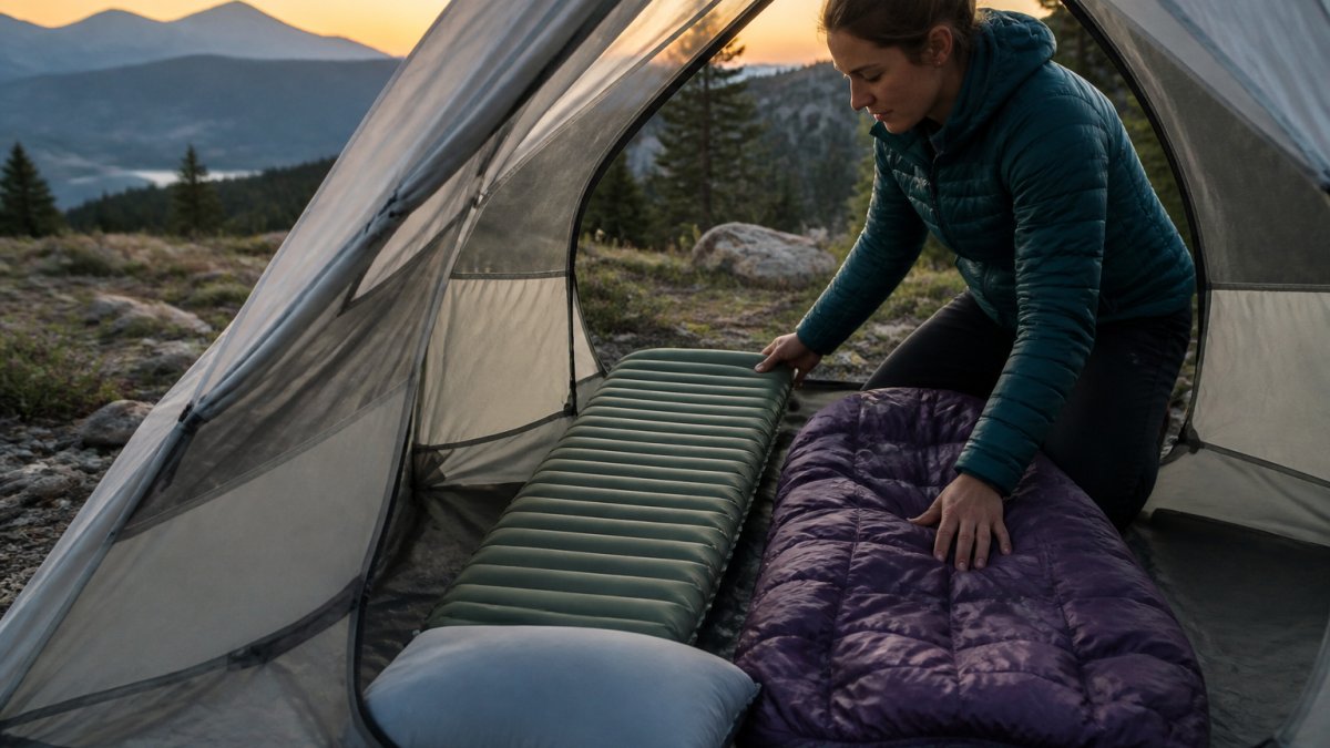 Backpacker organizing a sleeping pad and bag inside a tent at a mountain campsite at dusk