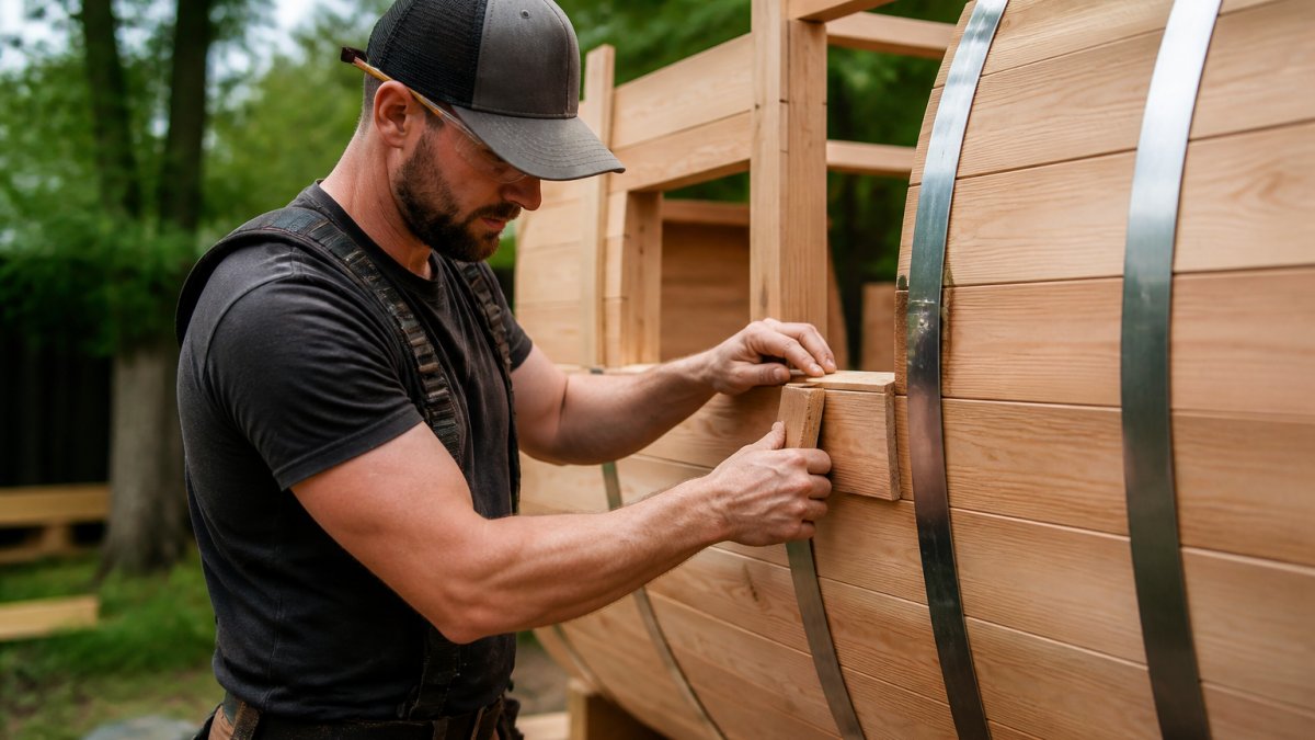 Close-up of worker assembling wooden wall frame of a barrel sauna in a backyard, showing stainless steel bands and hand-crafted lumber profiles being fitted together
