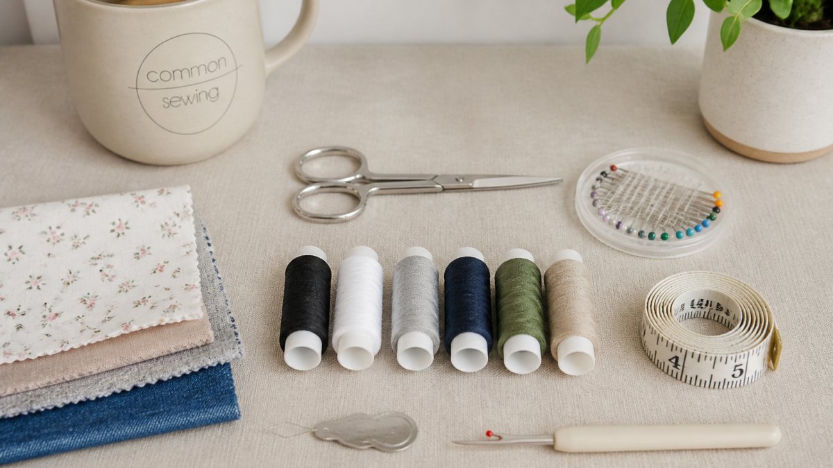 Flat lay of a basic sewing kit organized on a neutral surface showing scissors, needle threader, thread spools in various colors, straight pins in a holder, measuring tape, seam ripper, and small fabric swatches arranged neatly