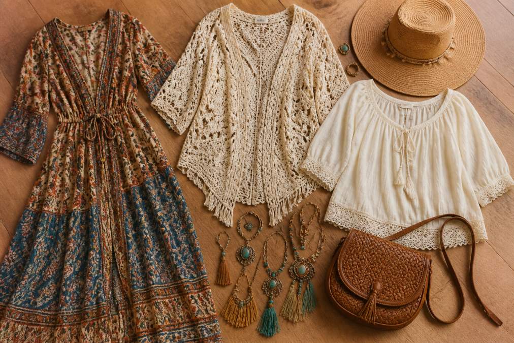 A flat lay of bohemian clothing essentials arranged on a warm-toned wooden surface: a flowy maxi dress, an open crochet kimono, a cream peasant blouse, layered jewelry with tassels and turquoise stones, a wide-brimmed straw hat, and a woven leather crossbody bag, photographed in warm afternoon light