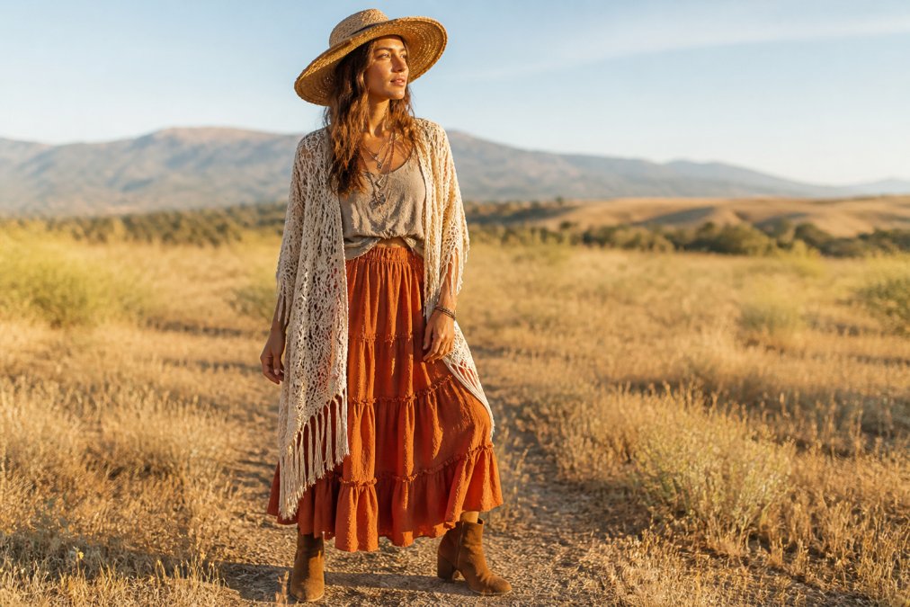 A woman standing in a sun-drenched open field, wearing a layered boho outfit: a crochet kimono draped open over a rust-colored tiered skirt, three layered necklaces of varying lengths, cognac neutral booties, and a wide-brimmed straw hat, photographed in warm golden hour light