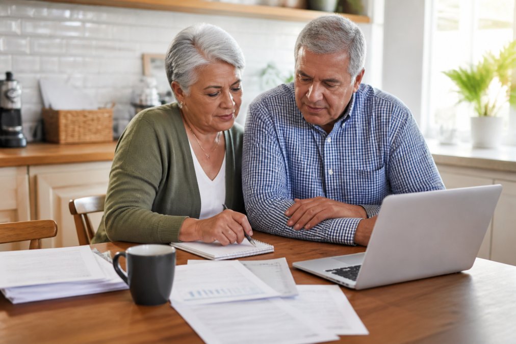 A couple in their early 60s sitting at a kitchen table with a laptop, printed account statements, and a notepad, reviewing a bond ladder plan together in warm morning light