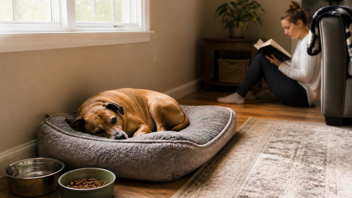A rescue dog resting calmly on a dog bed in a quiet corner of a living room, with a food bowl and water bowl nearby and a person sitting on the floor a few feet away reading a book, warm natural light through a window