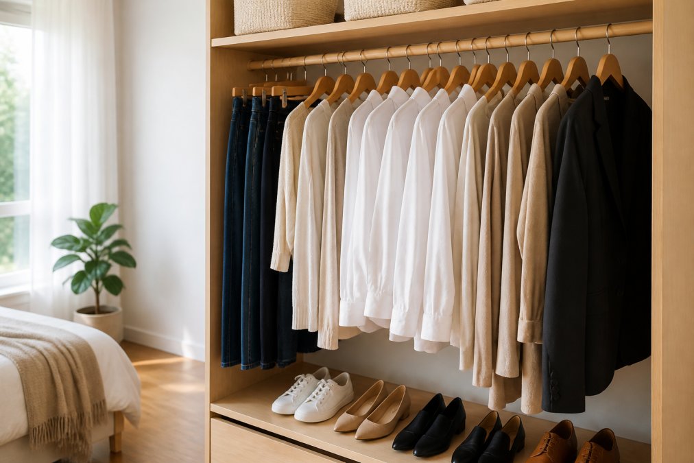A neatly organized closet with neutral-colored clothing items, white shirts, dark denim, beige trousers, and a black blazer, arranged by color on wooden hangers in a bright, airy bedroom with natural window light