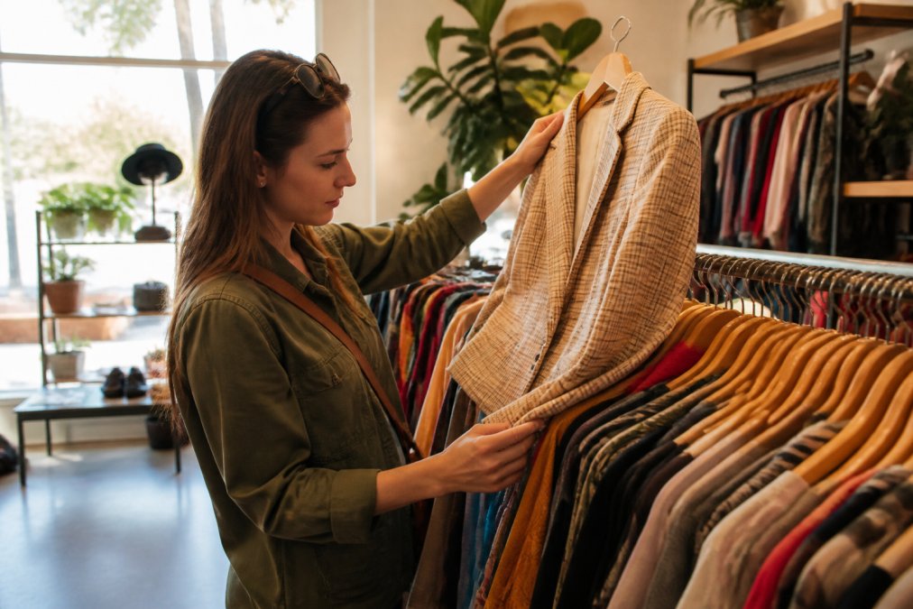 A woman browsing through a rack of second-hand clothing at a thrift store, holding up a blazer to inspect it under warm natural light streaming through a front window, surrounded by neatly organized color-sorted garments