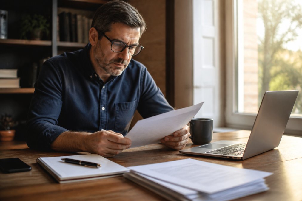 A small business owner reviewing a printed marketing plan template at a desk with a laptop, notebook, and coffee nearby, warm afternoon light through a window