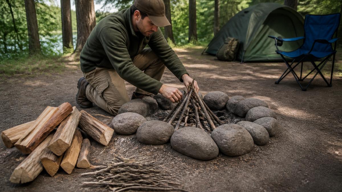 A camper kneeling beside a stone fire ring at a wooded campsite, arranging small dry twigs and kindling into a teepee fire lay, with larger logs stacked nearby and a cleared dirt perimeter around the pit