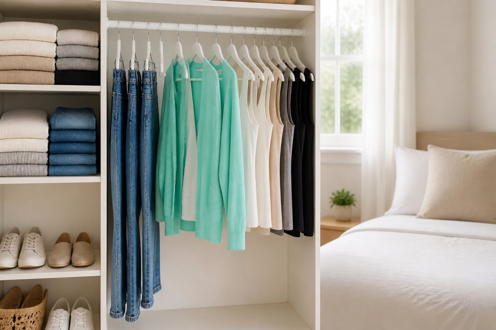 A neatly organized closet with folded neutral-toned basics, hanging high-waist slim jeans, open-front cardigans, and ribbed tank tops arranged by color on white hangers in a bright, minimal bedroom with natural light streaming through a window