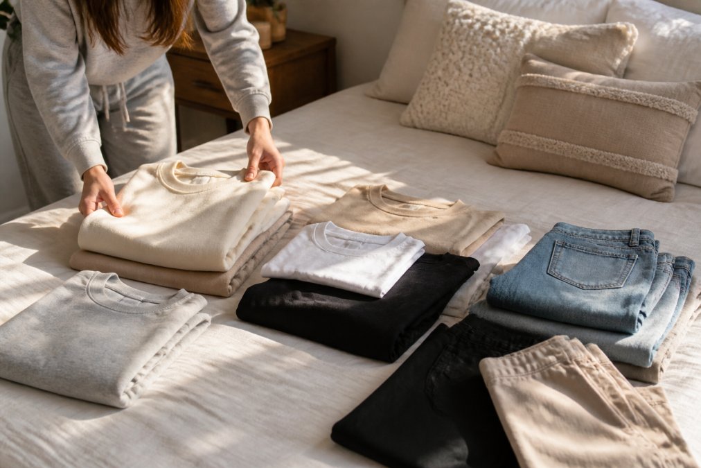 A person laying out neatly folded neutral-toned clothing items on a bed, organizing them into groups, with cozy sweatshirts, classic tees, and straight-leg pants arranged by category in warm afternoon light