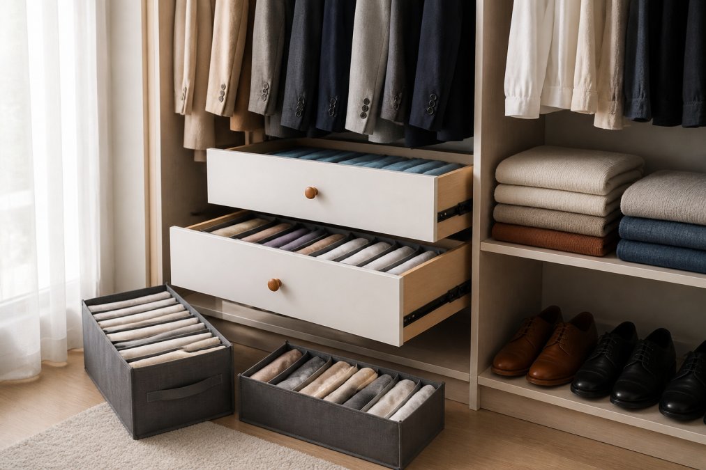 A neatly organized open closet with folded neutral-toned basics, hanging slim blazers, and paired leather shoes on a lower shelf, photographed in soft natural light from a side window