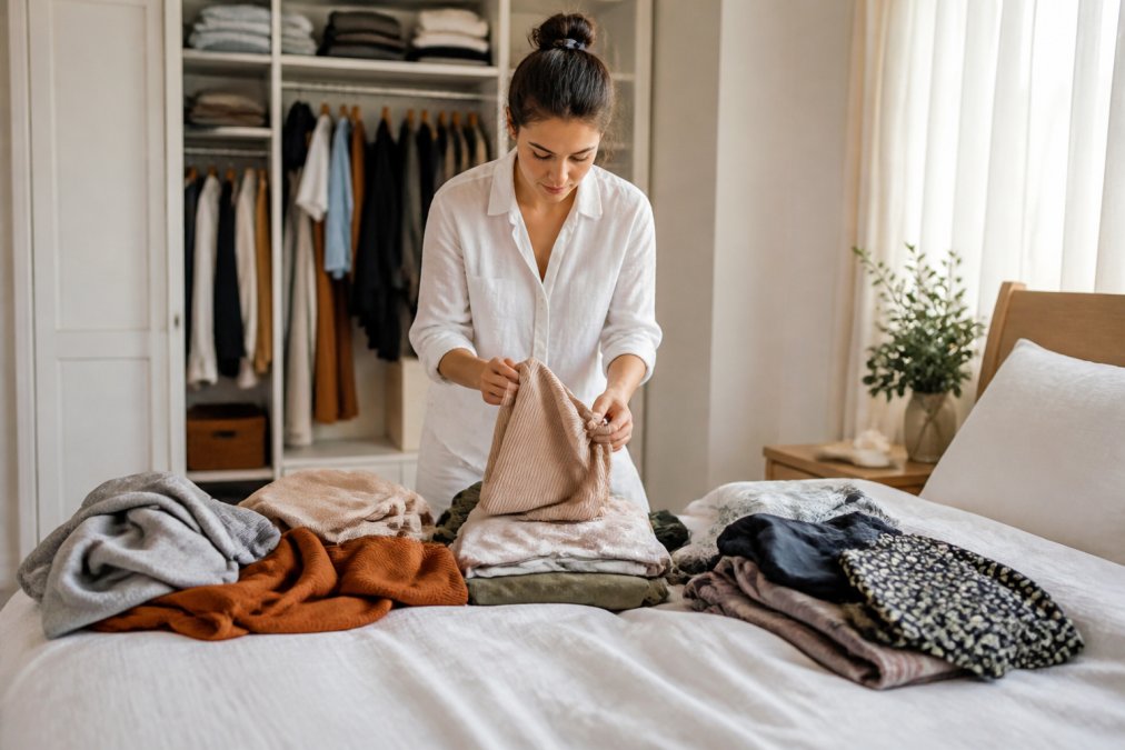 Woman sorting clothes into piles on a bed to organize a capsule wardrobe in a sunny bedroom.