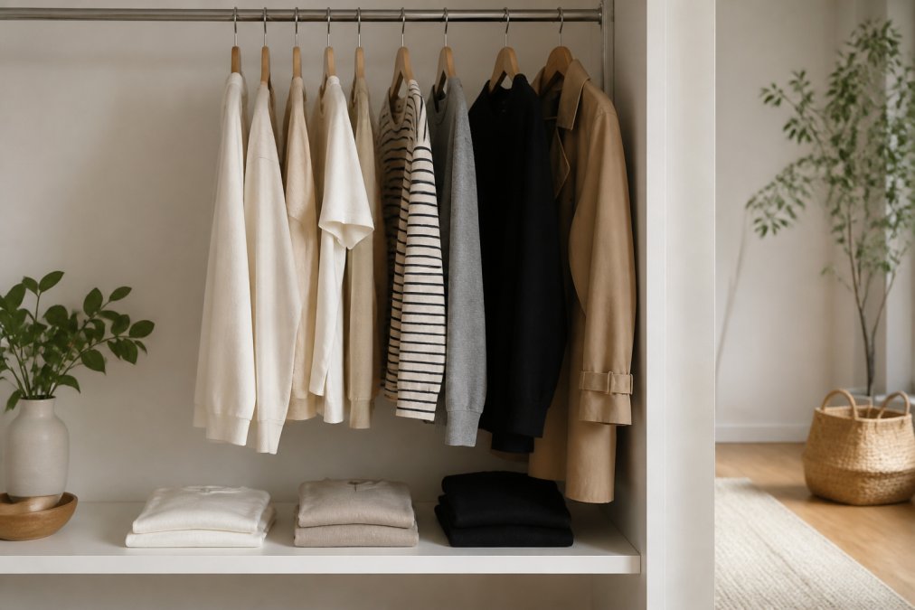 A minimalist open closet with a curated row of neutral-colored garments hanging neatly, including a few staple tops, an outer layer jacket, and folded basics on a clean white shelf in soft natural light