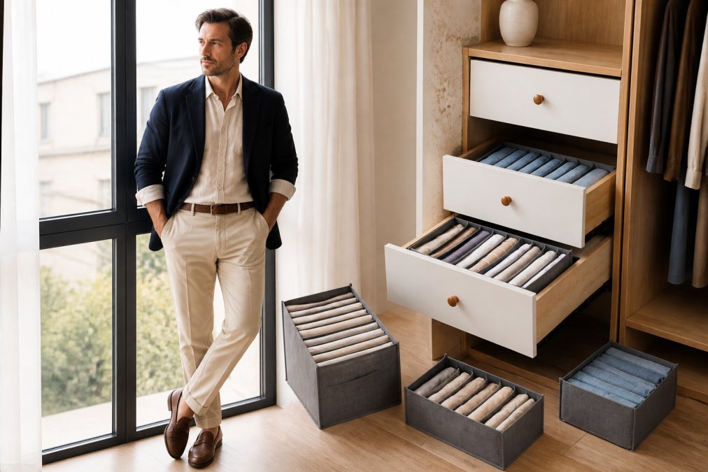 A well-dressed man in slim neutral-toned trousers, a fitted linen shirt with sleeves rolled to the elbow, and a structured blazer, standing in a bright modern interior with large windows, conveying effortless everyday style